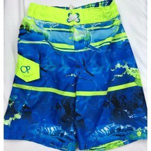 Op Boys Size 4-5 XS Swim Trunks Blue Neon Yellow Sharks Jellyfish Ocean